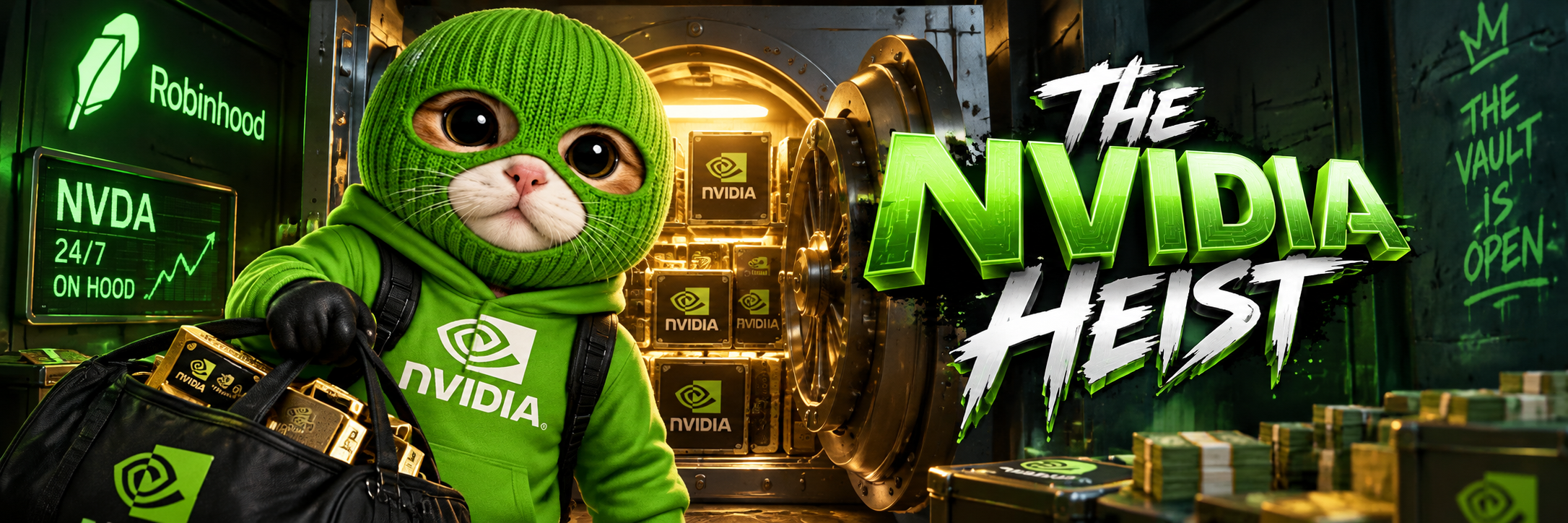 Security-style view of The Nvidia Heist: the masked cat at an open gold-lit vault stacked with chips